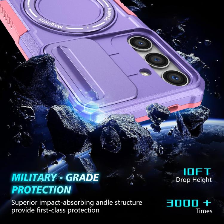 For Samsung Galaxy S25+ 5G Sliding Camshield MagSafe Holder TPU Hybrid PC Phone Case(Pink Purple)