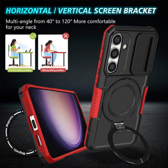 For Samsung Galaxy S25+ 5G Sliding Camshield MagSafe Holder TPU Hybrid PC Phone Case(Black Red)