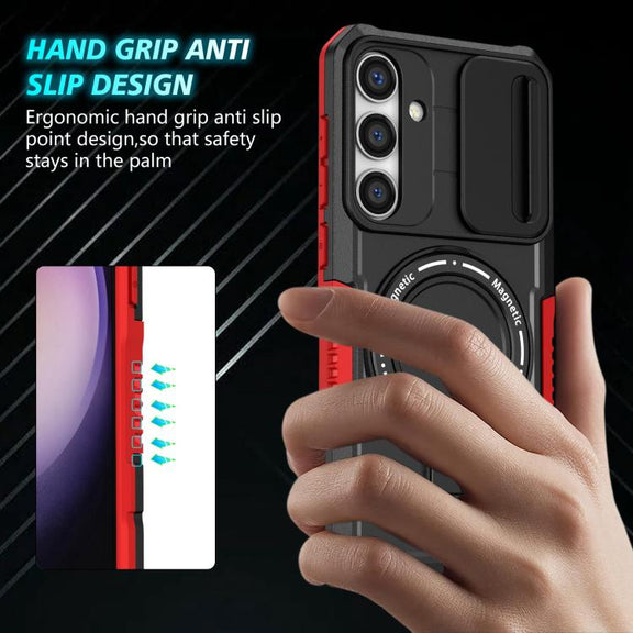 For Samsung Galaxy S25+ 5G Sliding Camshield MagSafe Holder TPU Hybrid PC Phone Case(Black Red)