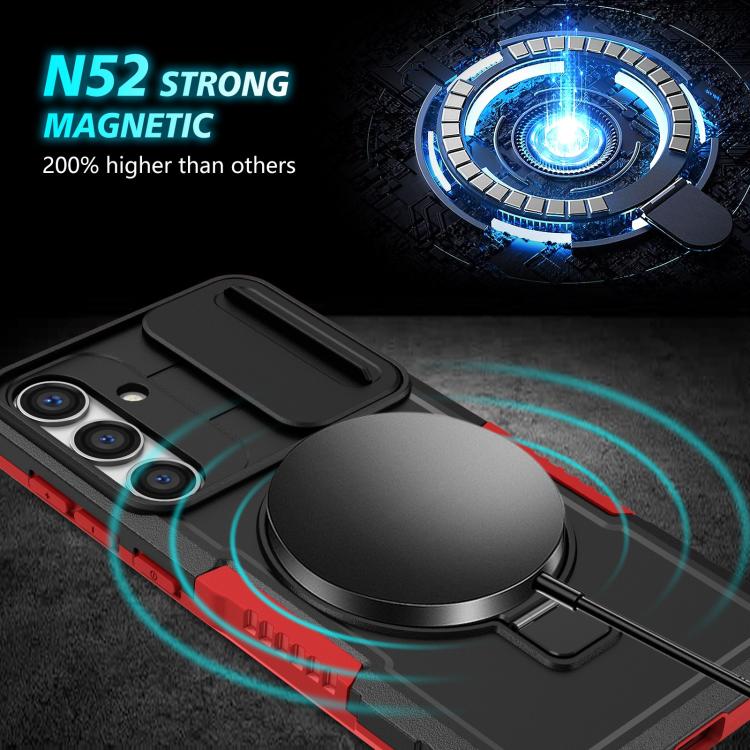 For Samsung Galaxy S25+ 5G Sliding Camshield MagSafe Holder TPU Hybrid PC Phone Case(Black Red)