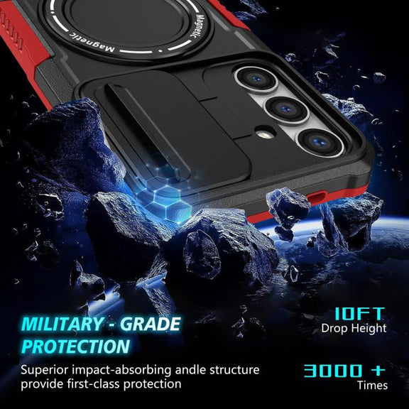 For Samsung Galaxy S25+ 5G Sliding Camshield MagSafe Holder TPU Hybrid PC Phone Case(Black Red)