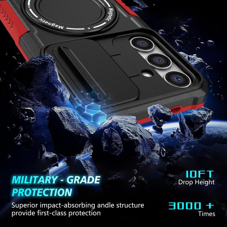 For Samsung Galaxy S25+ 5G Sliding Camshield MagSafe Holder TPU Hybrid PC Phone Case(Black Red)