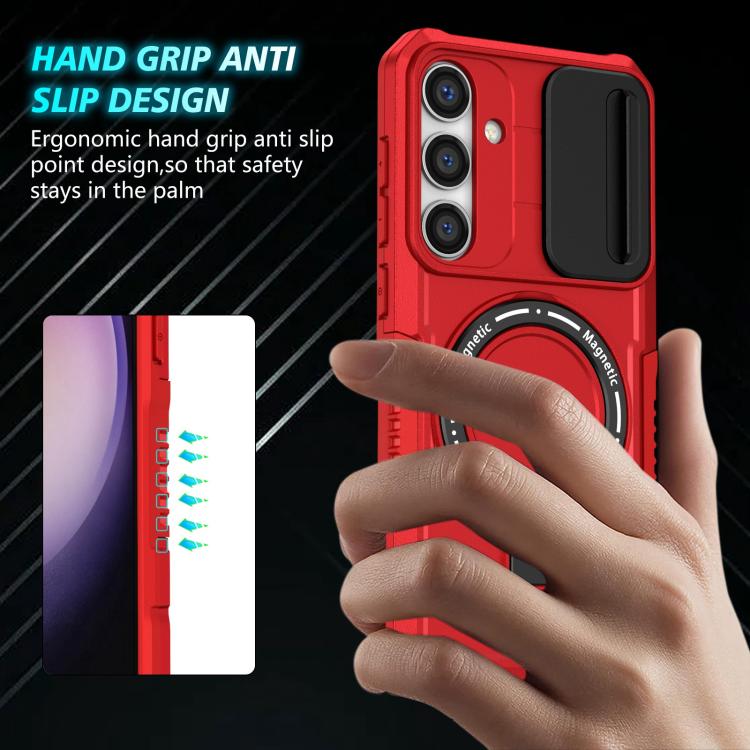 For Samsung Galaxy S25+ 5G Sliding Camshield MagSafe Holder TPU Hybrid PC Phone Case(Red)