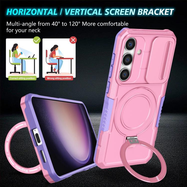 For Samsung Galaxy S25+ 5G Sliding Camshield MagSafe Holder TPU Hybrid PC Phone Case(Purple Pink)