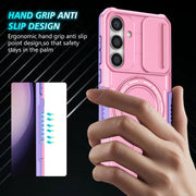 For Samsung Galaxy S25+ 5G Sliding Camshield MagSafe Holder TPU Hybrid PC Phone Case(Purple Pink)