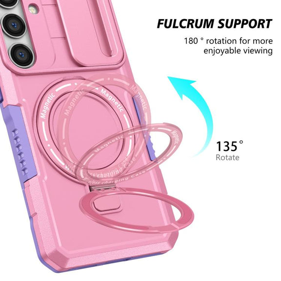 For Samsung Galaxy S25+ 5G Sliding Camshield MagSafe Holder TPU Hybrid PC Phone Case(Purple Pink)