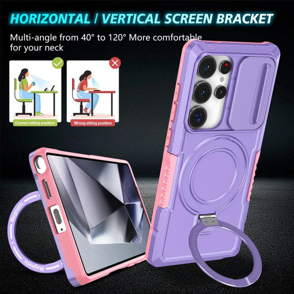 For Samsung Galaxy S25 Ultra 5G Sliding Camshield MagSafe Holder TPU Hybrid PC Phone Case(Pink Purple)
