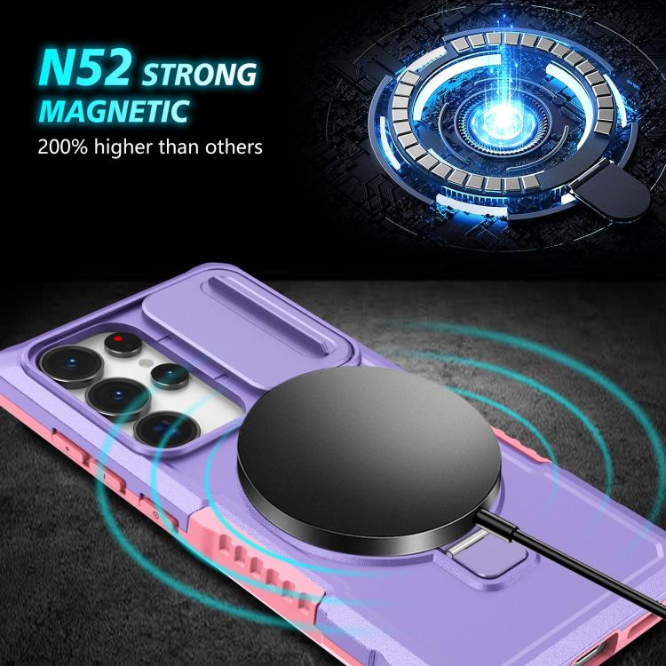 For Samsung Galaxy S25 Ultra 5G Sliding Camshield MagSafe Holder TPU Hybrid PC Phone Case(Pink Purple)