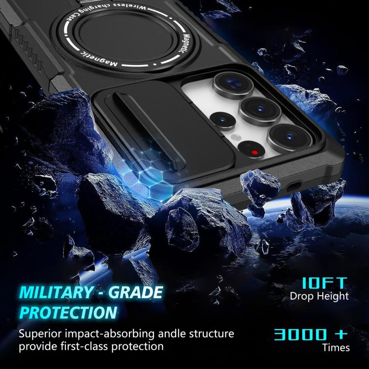 For Samsung Galaxy S25 Ultra 5G Sliding Camshield MagSafe Holder TPU Hybrid PC Phone Case(Black)