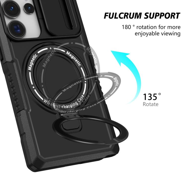 For Samsung Galaxy S25 Ultra 5G Sliding Camshield MagSafe Holder TPU Hybrid PC Phone Case(Black)