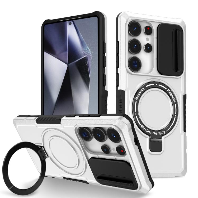 For Samsung Galaxy S25 Ultra 5G Sliding Camshield MagSafe Holder TPU Hybrid PC Phone Case(Black White) - free shipping - PMC TechLife - Order now!