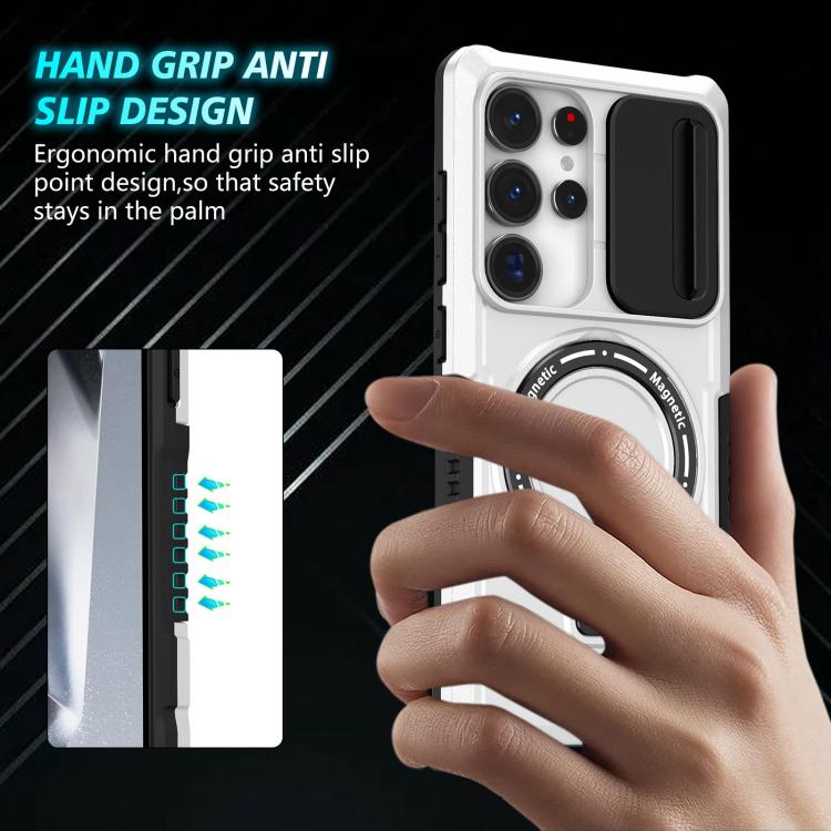 For Samsung Galaxy S25 Ultra 5G Sliding Camshield MagSafe Holder TPU Hybrid PC Phone Case(Black White)
