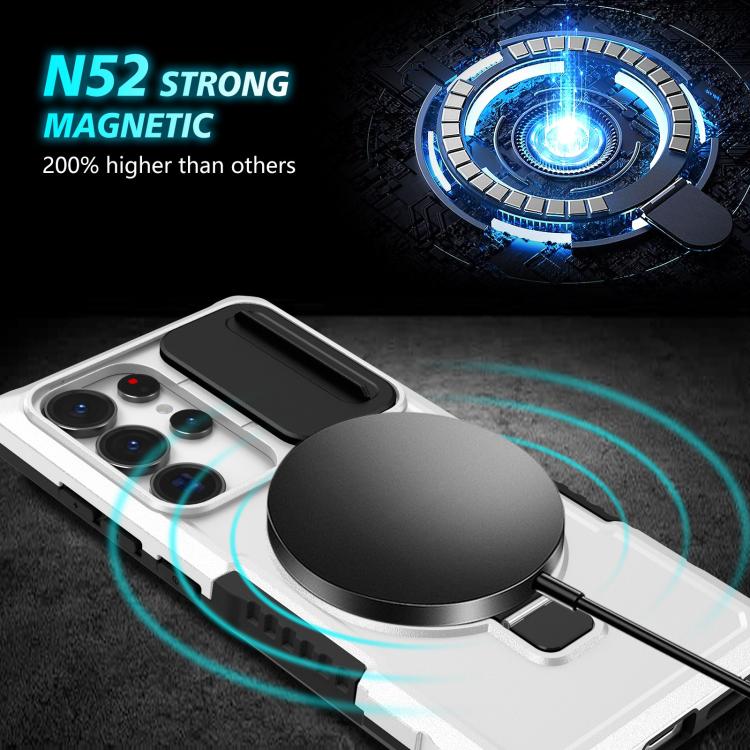 For Samsung Galaxy S25 Ultra 5G Sliding Camshield MagSafe Holder TPU Hybrid PC Phone Case(Black White)