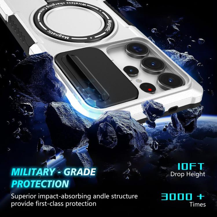 For Samsung Galaxy S25 Ultra 5G Sliding Camshield MagSafe Holder TPU Hybrid PC Phone Case(Black White)