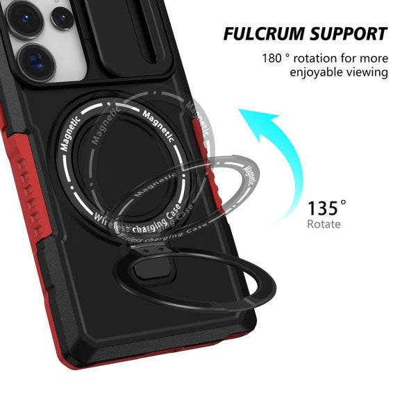 For Samsung Galaxy S25 Ultra 5G Sliding Camshield MagSafe Holder TPU Hybrid PC Phone Case(Black Red)