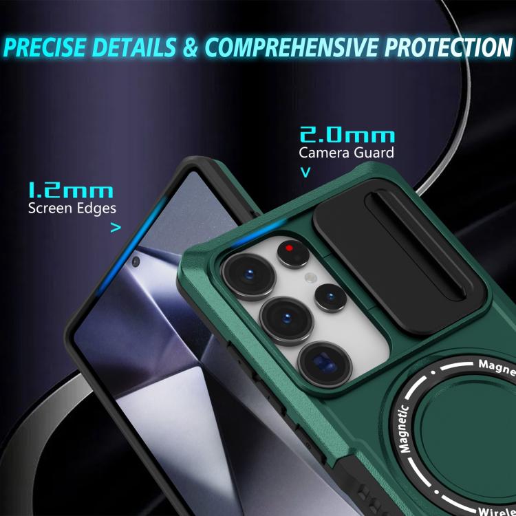 For Samsung Galaxy S25 Ultra 5G Sliding Camshield MagSafe Holder TPU Hybrid PC Phone Case(Deep Green)