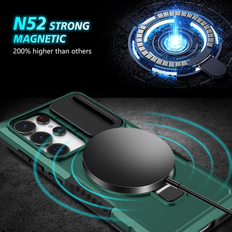 For Samsung Galaxy S25 Ultra 5G Sliding Camshield MagSafe Holder TPU Hybrid PC Phone Case(Deep Green)