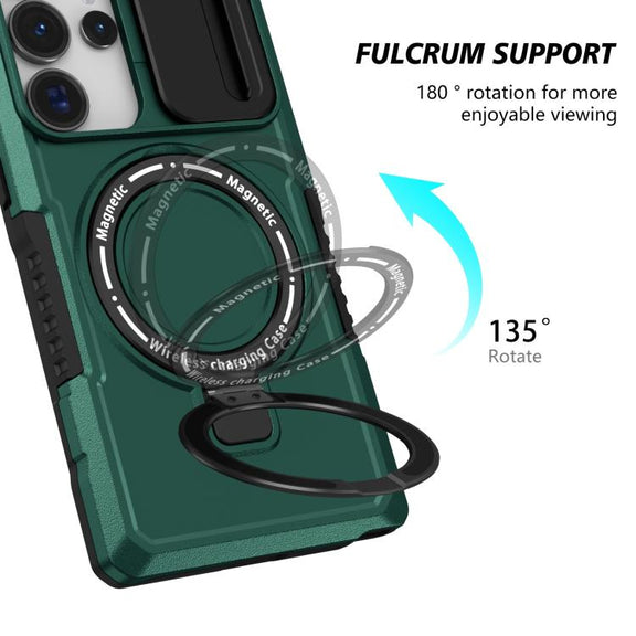 For Samsung Galaxy S25 Ultra 5G Sliding Camshield MagSafe Holder TPU Hybrid PC Phone Case(Deep Green)