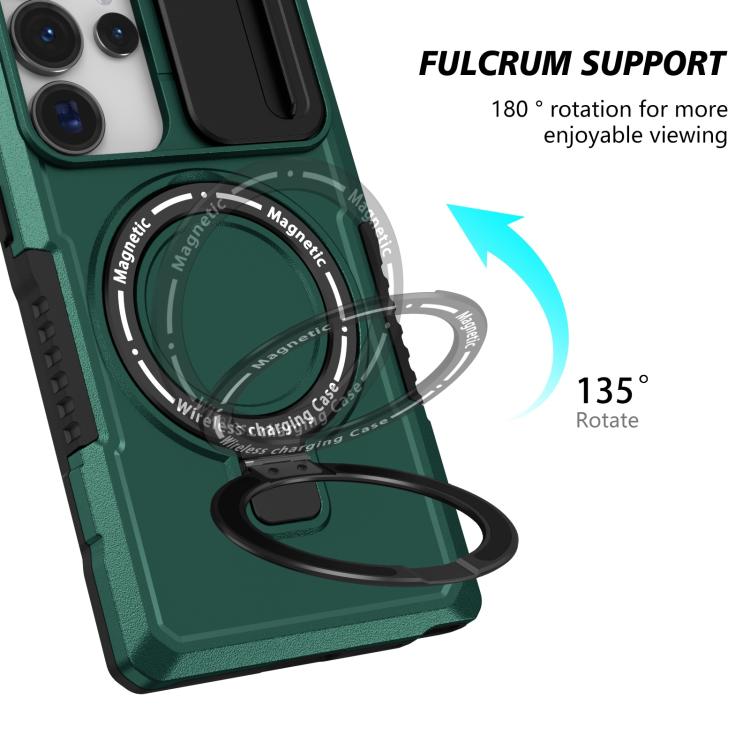 For Samsung Galaxy S25 Ultra 5G Sliding Camshield MagSafe Holder TPU Hybrid PC Phone Case(Deep Green)