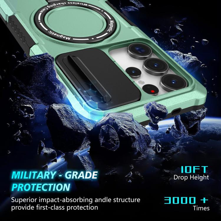 For Samsung Galaxy S25 Ultra 5G Sliding Camshield MagSafe Holder TPU Hybrid PC Phone Case(Light Blue)
