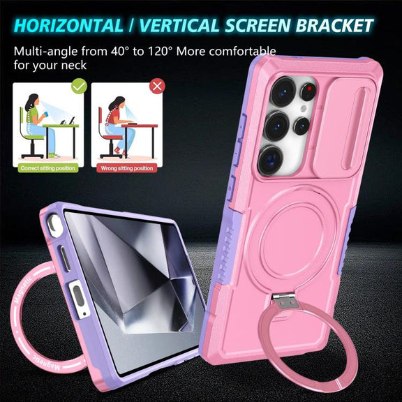 For Samsung Galaxy S25 Ultra 5G Sliding Camshield MagSafe Holder TPU Hybrid PC Phone Case(Purple Pink)