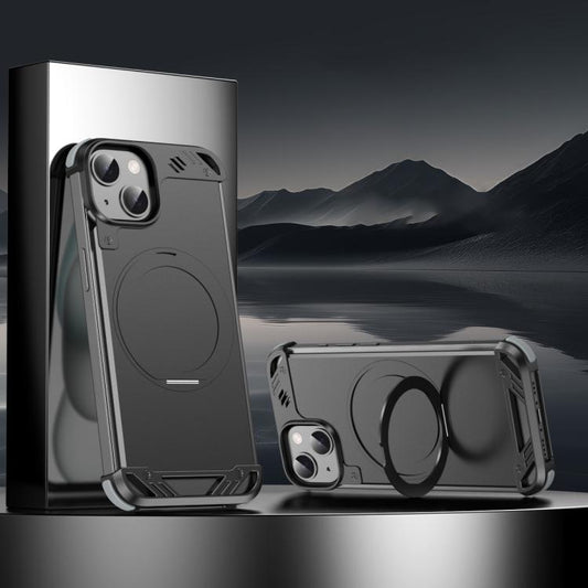 For iPhone 15 R-JUST RJ63-1 Frameless Aroma Mecha MagSafe Holder Phone Case(Black) - iPhone 15 Cases by R-JUST | Online Shopping South Africa | PMC Jewellery | Buy Now Pay Later Mobicred
