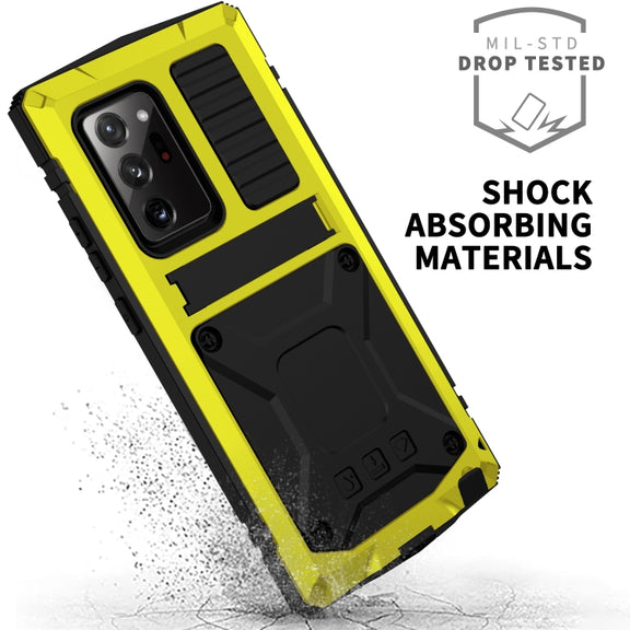 For Samsung Galaxy Note 20 Ultra R-JUST Shockproof Water-resistant Dust-proof Metal + Silicone Protective Case with Holder(Yellow)