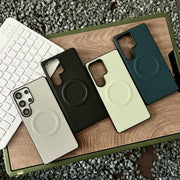 For Samsung Galaxy S25 Ultra 5G Magsafe Magnetic Plain Leather Phone Case(Dark Green)