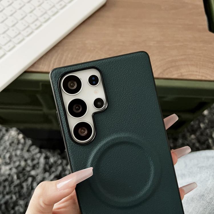 For Samsung Galaxy S25 Ultra 5G Magsafe Magnetic Plain Leather Phone Case(Dark Green) - Galaxy S25 Ultra 5G Cases by PMC TechLife | Online Shopping South Africa | PMC TechLife | Buy Now Pay Later Mobicred