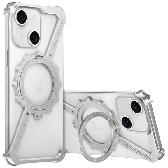 For iPhone 15 Z-shaped Frameless Metal 360 Holder MagSafe Phone Case(Space Silver)