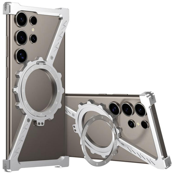 For Samsung Galaxy S23 Ultra 5G Z-shaped Frameless Metal 360 Holder MagSafe Phone Case(Space Silver)