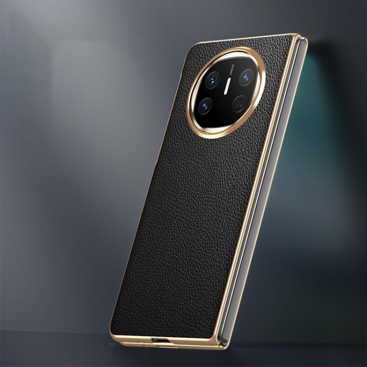 For Huawei Mate X6 Electroplated Litchi Pattern Phone Leather Case with Glass Lens(Blue)