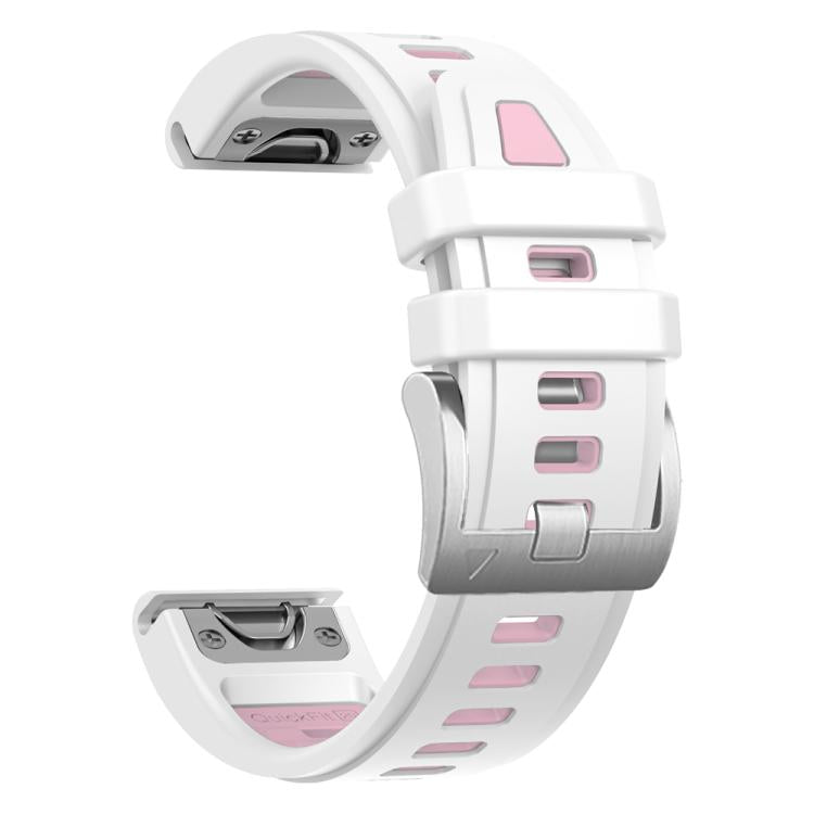 For Garmin Fenix 8 AMOLED 43mm Silver Steel Buckle Quick Release Silicone Watch Band(White Pink)