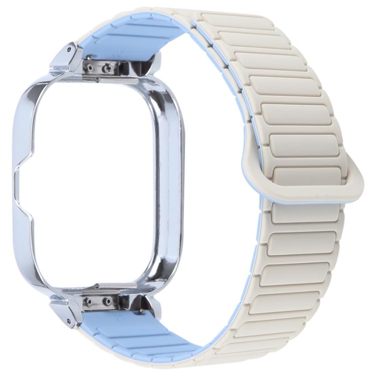 For Redmi Watch 5 / Watch 4 Metal Silver Frame Integrated I-shaped Magnetic Silicone Watch Band(White Blue)