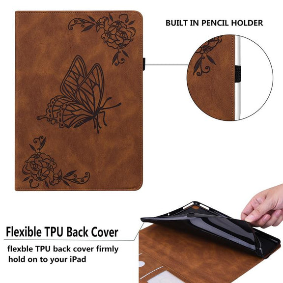 For Tecno Megapad 11 Butterfly Flower Embossed Leather Tablet Case(Brown)