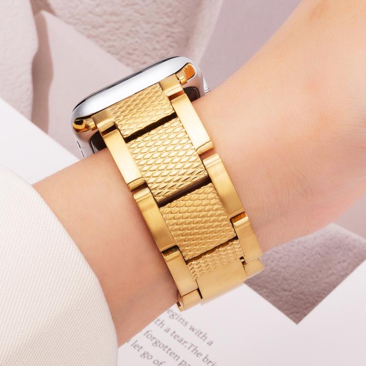 For Apple Watch 46mm / 49mm / 45mm / 44mm Wave Thread 3-bead Stainless Steel Watch Band(Gold)
