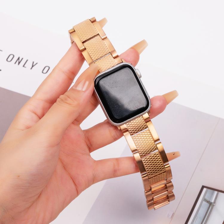 For Apple Watch 42mm / 41mm / 40mm / 38mm Wave Thread 3-bead Stainless Steel Watch Band(Rose Gold)