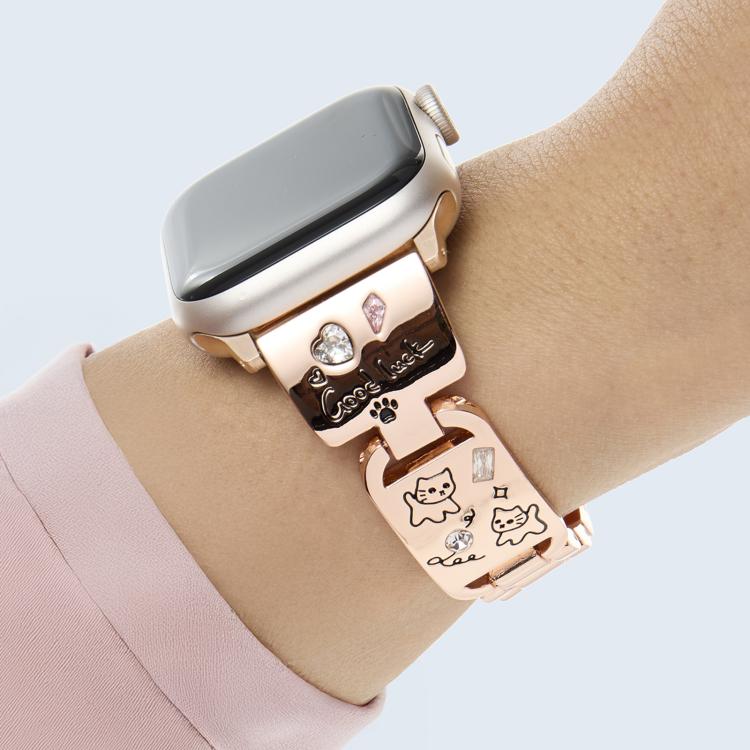 For Apple Watch 46mm / 49mm / 45mm / 44mm Colored Diamond Cat Stainless Steel Watch Band(Rose Gold)