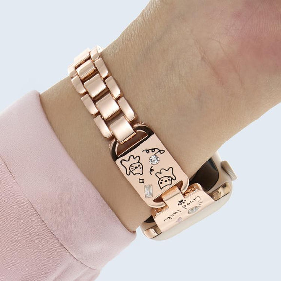 For Apple Watch 46mm / 49mm / 45mm / 44mm Colored Diamond Cat Stainless Steel Watch Band(Rose Gold)