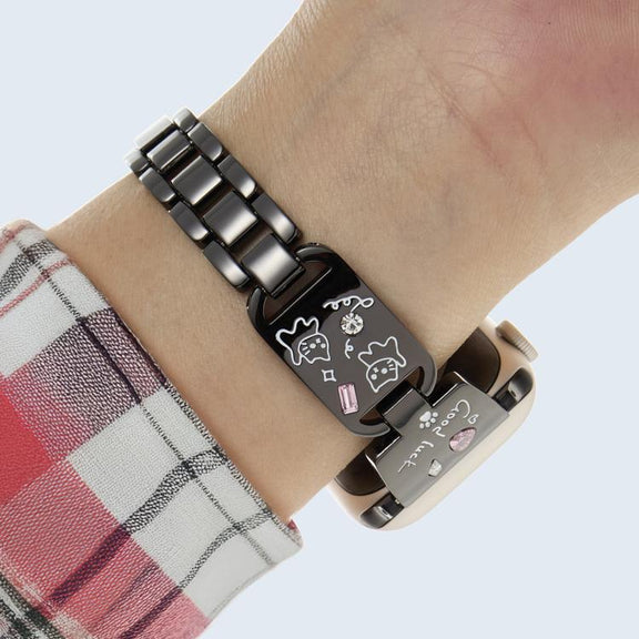 For Apple Watch 42mm / 41mm / 40mm / 38mm Colored Diamond Cat Stainless Steel Watch Band(Black)