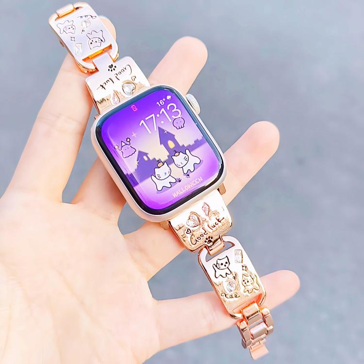 For Apple Watch 42mm / 41mm / 40mm / 38mm Colored Diamond Cat Stainless Steel Watch Band(Rose Gold)
