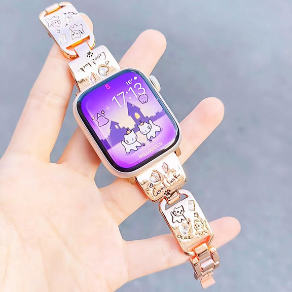 For Apple Watch 42mm / 41mm / 40mm / 38mm Colored Diamond Cat Stainless Steel Watch Band(Rose Gold)