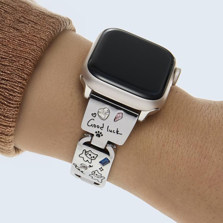 For Apple Watch 42mm / 41mm / 40mm / 38mm Colored Diamond Cat Stainless Steel Watch Band(Silver)