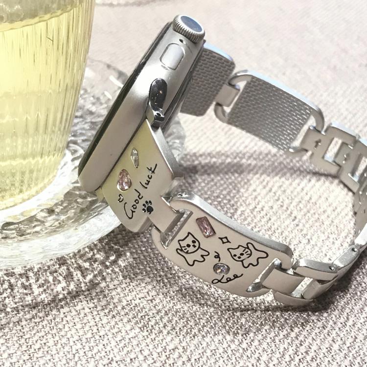 For Apple Watch 42mm / 41mm / 40mm / 38mm Colored Diamond Cat Stainless Steel Watch Band(Silver)