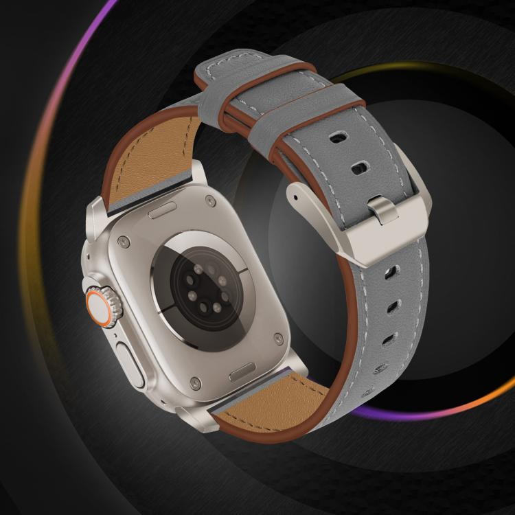 For Apple Watch 46mm / 49mm / 45mm / 44mm Titanium Buckle Nappa Genuine Leather Watch Band(Grey)