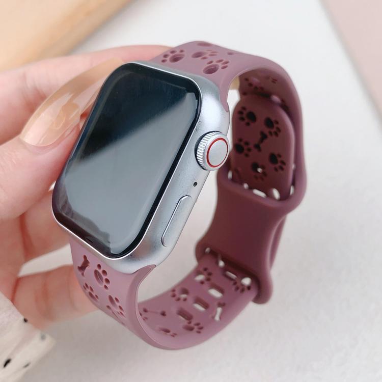 For Apple Watch 46mm / 49mm / 45mm / 44mm Dog Paw Bones Butterfly Buckle Silicone Watch Band(Smoky Purple)