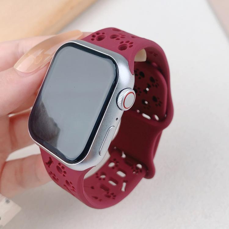 For Apple Watch 42mm / 41mm / 40mm / 38mm Dog Paw Bones Butterfly Buckle Silicone Watch Band(Wine Red)