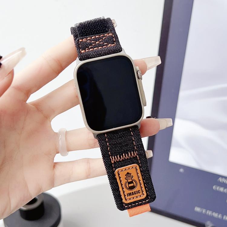 For Apple Watch 46mm / 49mm / 45mm / 44mm Denim Nylon Hook and Loop Fastener Canvas Watch Band(Black)