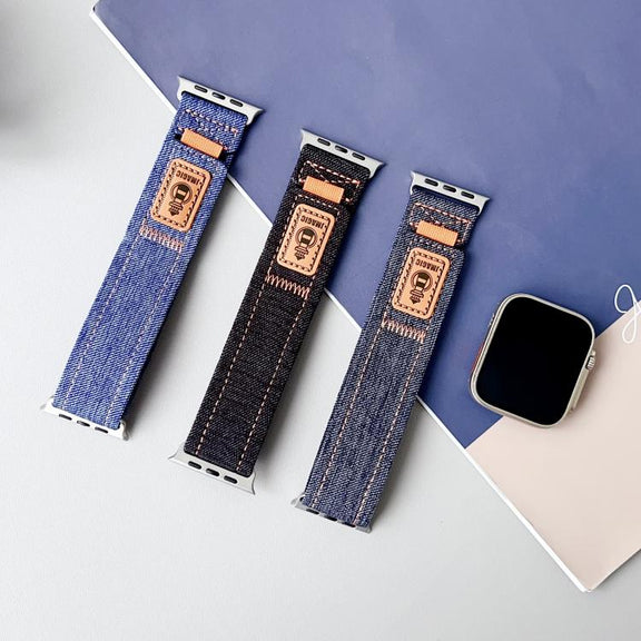 For Apple Watch 46mm / 49mm / 45mm / 44mm Denim Nylon Hook and Loop Fastener Canvas Watch Band(Black)