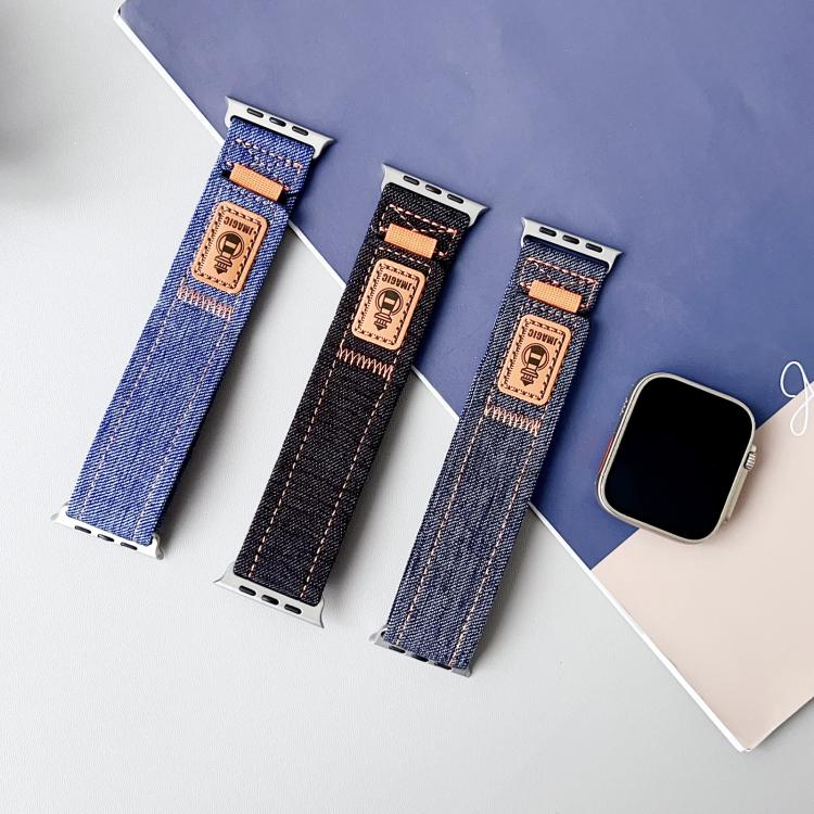 For Apple Watch 46mm / 49mm / 45mm / 44mm Denim Nylon Hook and Loop Fastener Canvas Watch Band(Black)